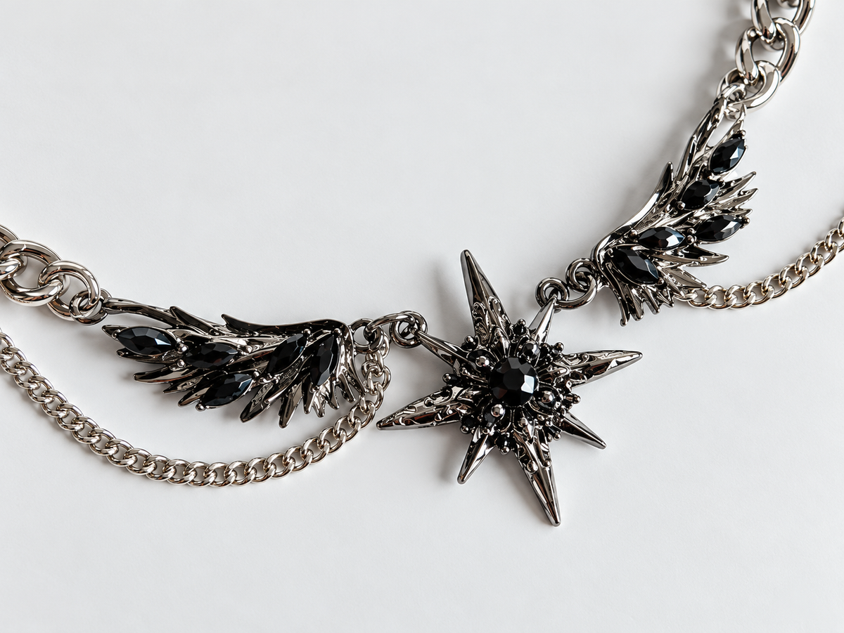 Dark Eclipse Gothic Necklace – Black Star, Angel Wings, Silver Chains | Punk Grunge Y2K