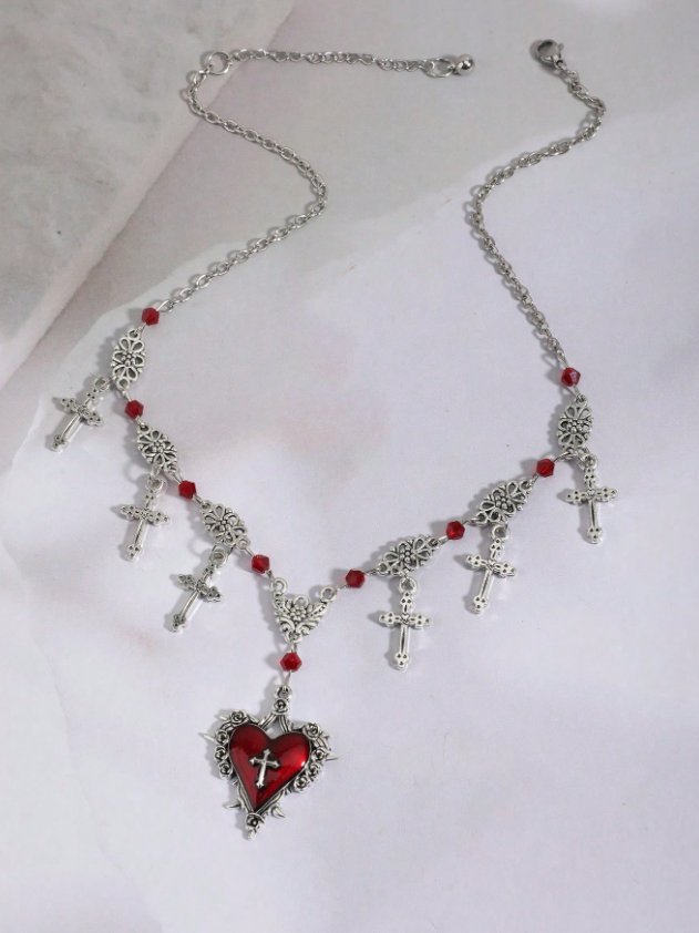 Aurora Collection : Gothic heart Cross Necklace with burgundy Beads ✝️