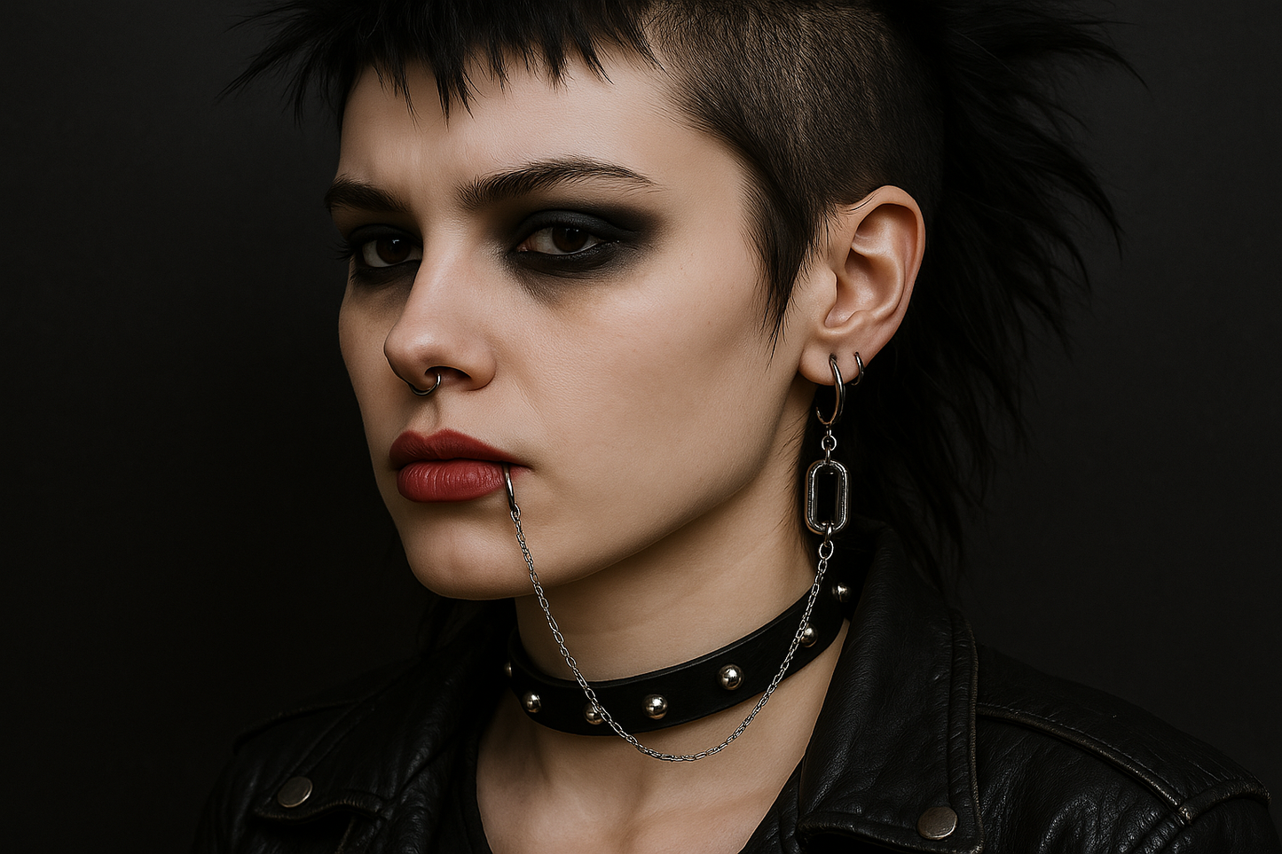 Punk connected chain lip and earring (silver)