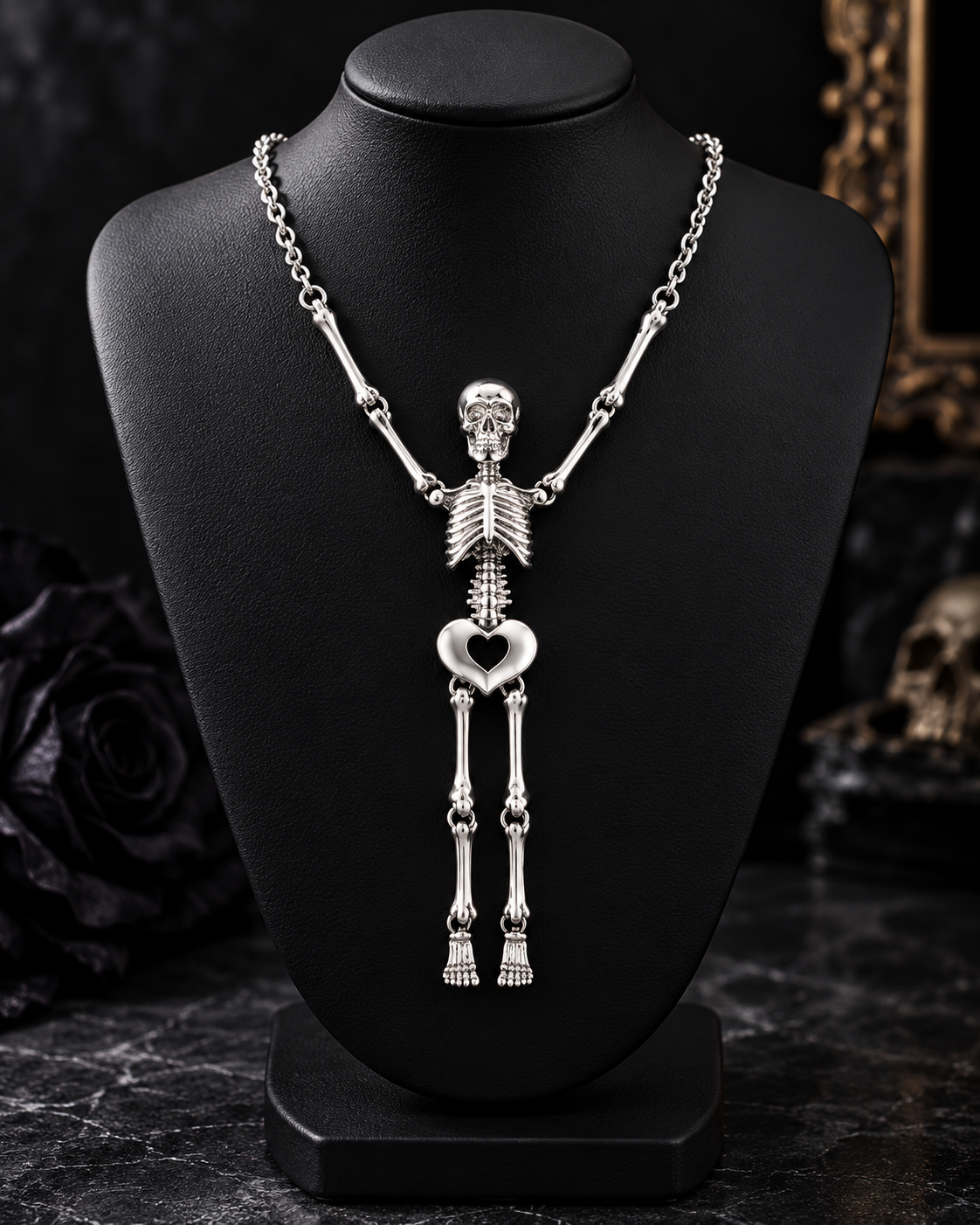 Gothic Skeleton Pendant Necklace – Silver Tone