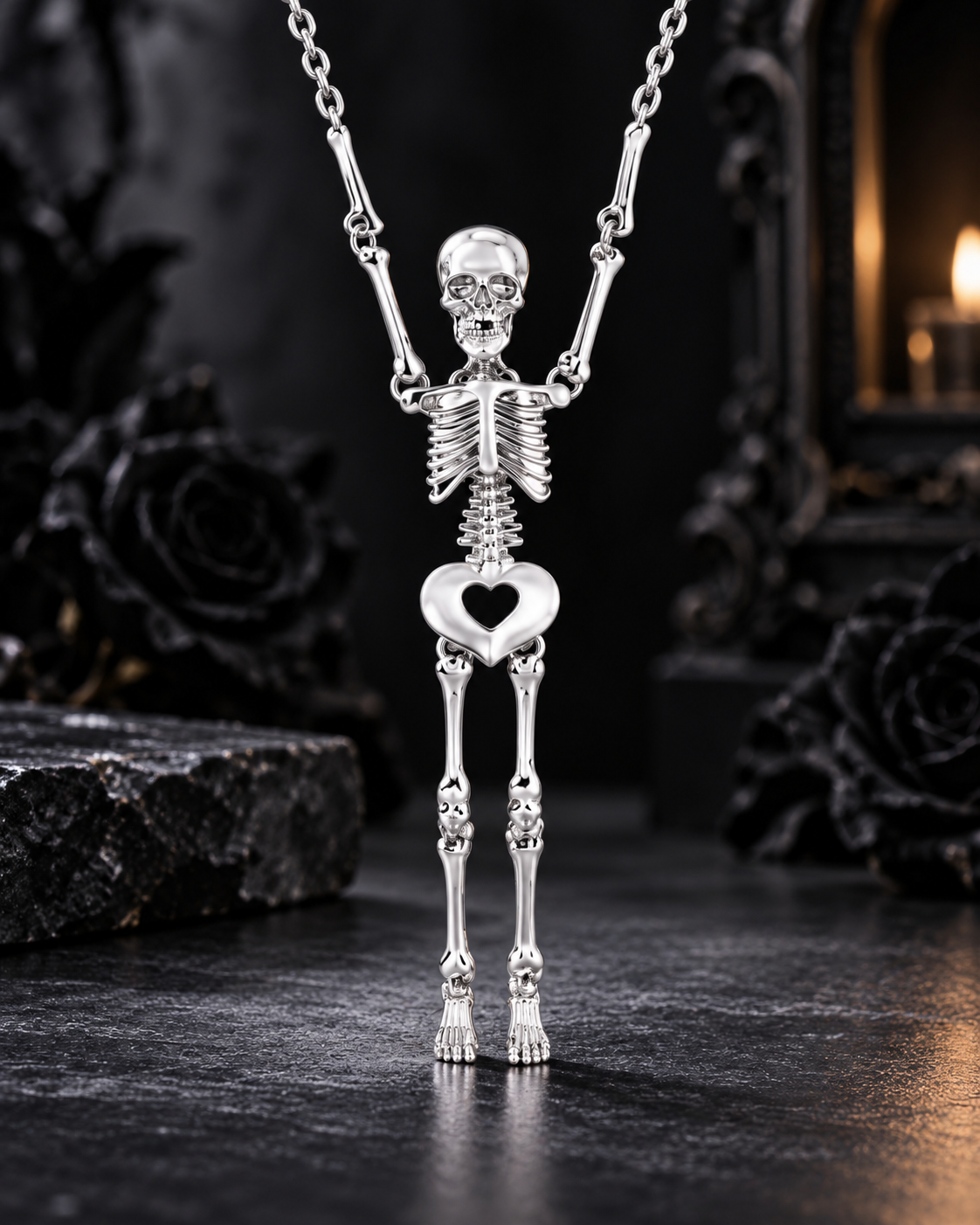 Gothic Skeleton Pendant Necklace – Silver Tone