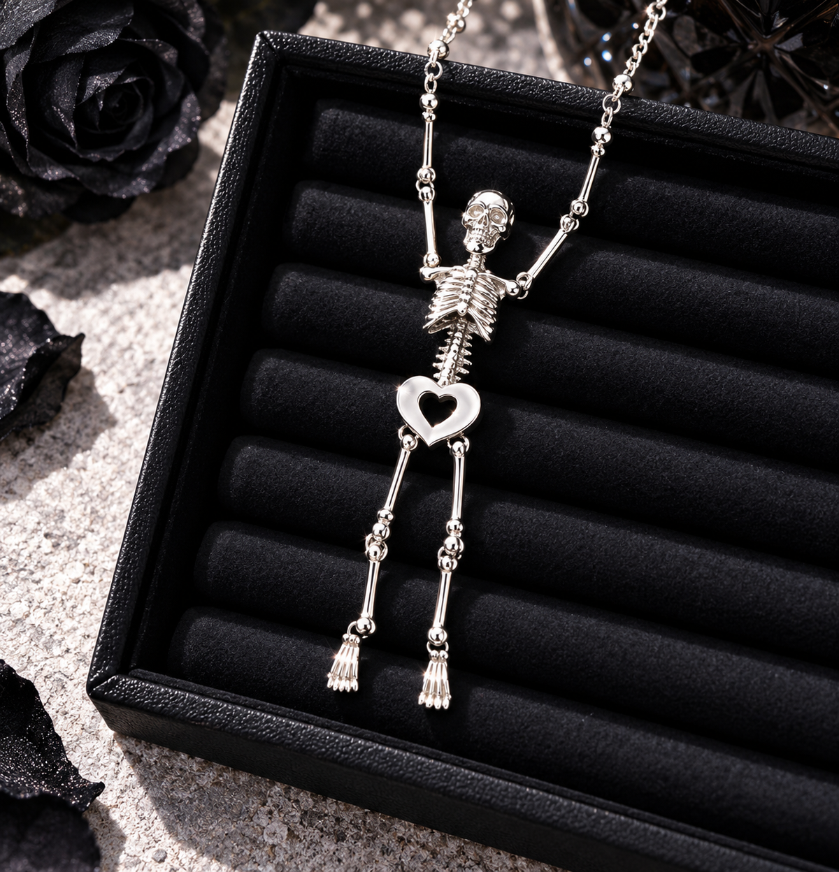 Gothic Skeleton Pendant Necklace – Silver Tone