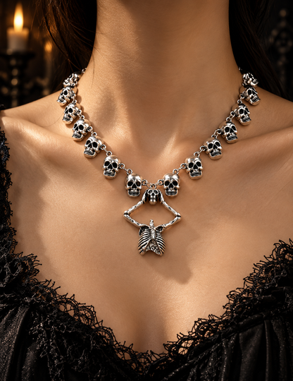 Gothic Skull & Skeleton Pendant Necklace – Silver Tone