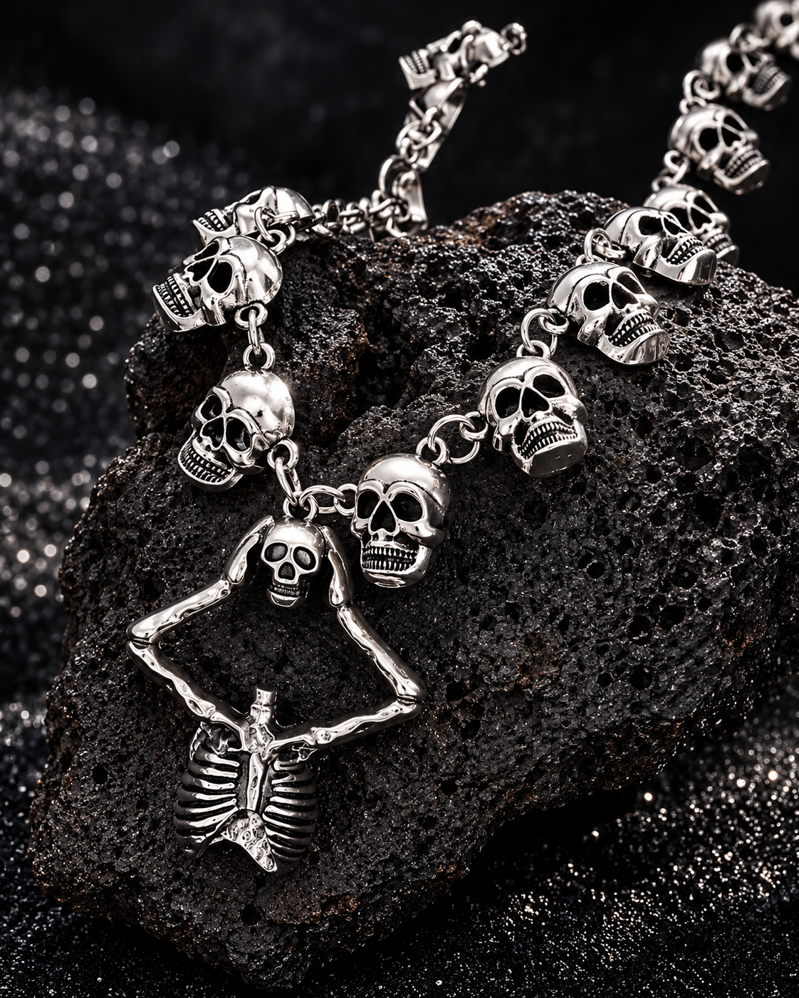 Gothic Skull & Skeleton Pendant Necklace – Silver Tone