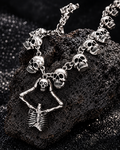 Gothic Skull & Skeleton Pendant Necklace – Silver Tone