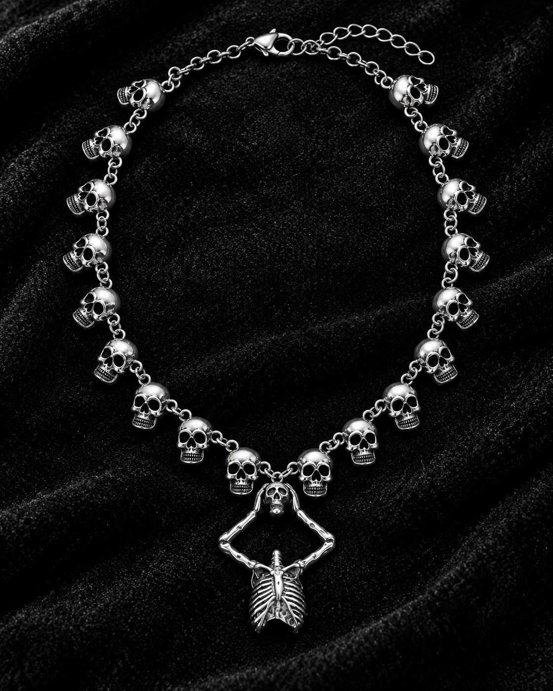 Gothic Skull & Skeleton Pendant Necklace – Silver Tone