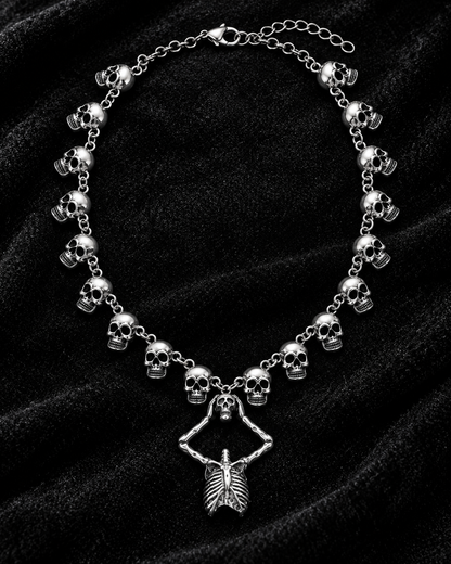 Gothic Skull & Skeleton Pendant Necklace – Silver Tone