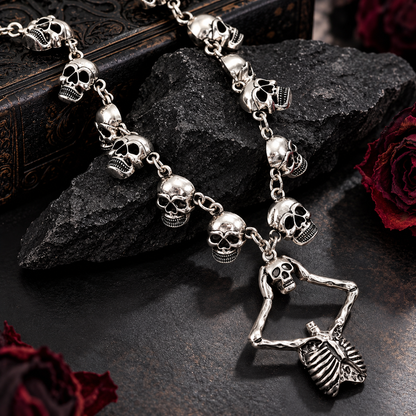 Gothic Skull & Skeleton Pendant Necklace – Silver Tone