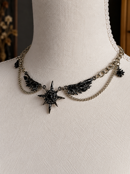 Dark Eclipse Gothic Necklace – Black Star, Angel Wings, Silver Chains | Punk Grunge Y2K