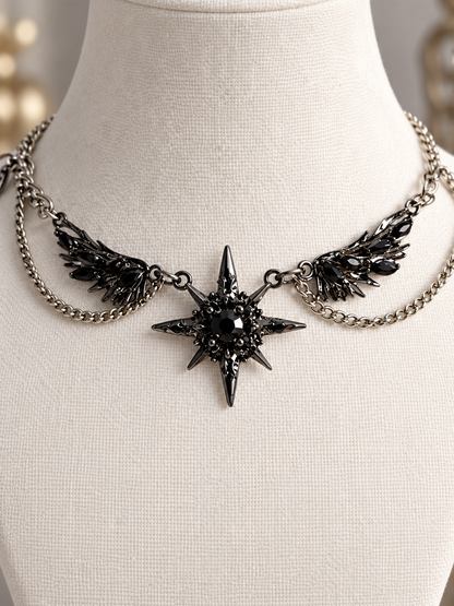 Dark Eclipse Gothic Necklace – Black Star, Angel Wings, Silver Chains | Punk Grunge Y2K
