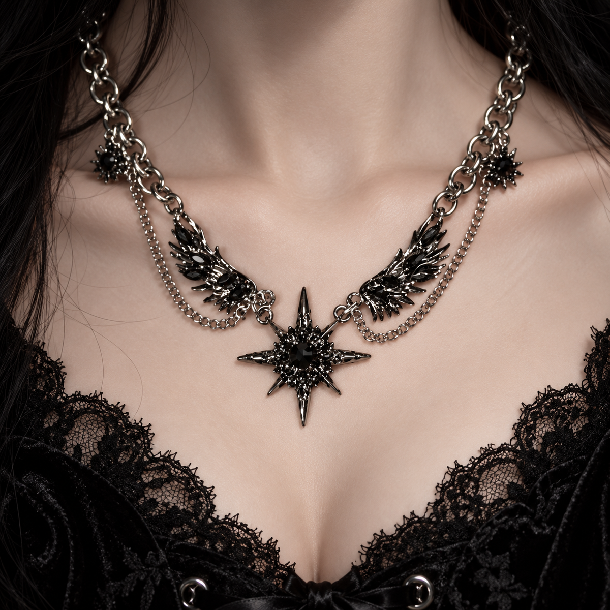 Dark Eclipse Gothic Necklace – Black Star, Angel Wings, Silver Chains | Punk Grunge Y2K