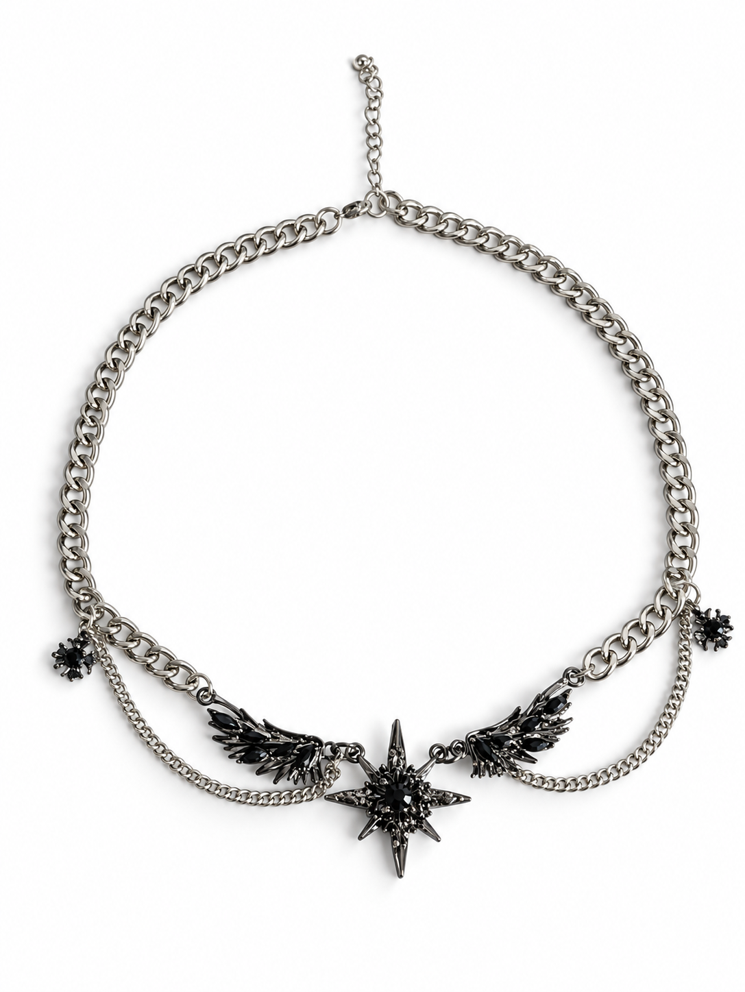Dark Eclipse Gothic Necklace – Black Star, Angel Wings, Silver Chains | Punk Grunge Y2K