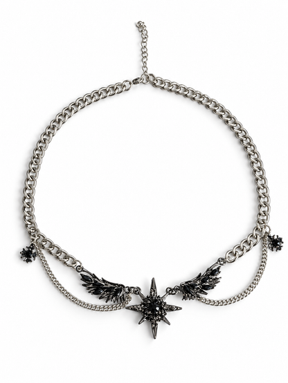 Dark Eclipse Gothic Necklace – Black Star, Angel Wings, Silver Chains | Punk Grunge Y2K