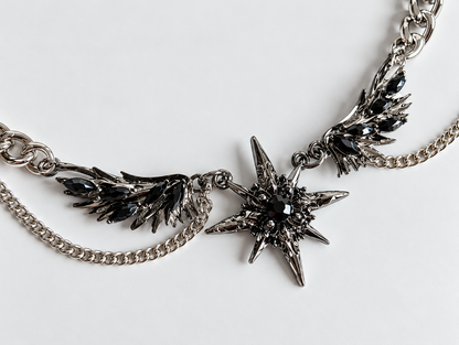 Dark Eclipse Gothic Necklace – Black Star, Angel Wings, Silver Chains | Punk Grunge Y2K