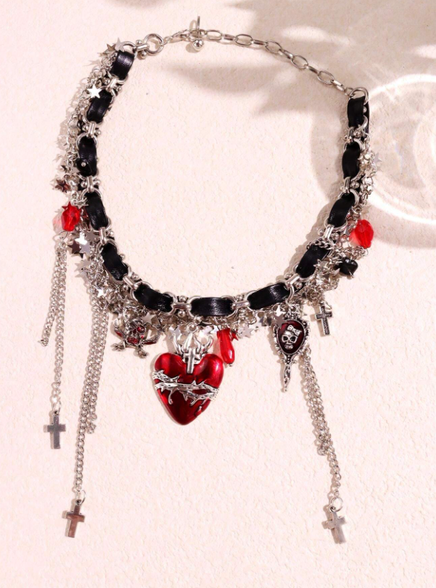 Punk Chain with Burgundy Necklace and heart pendant