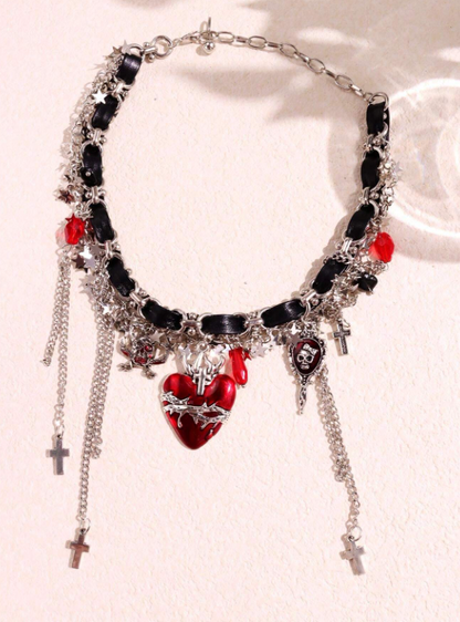 Punk Chain with Burgundy Necklace and heart pendant