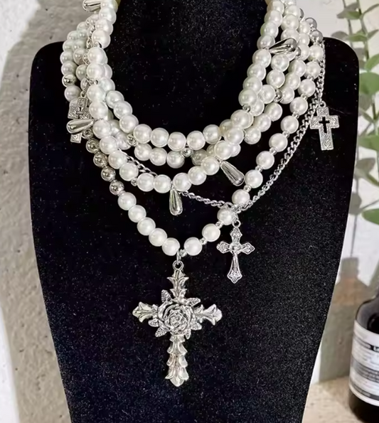 Y2K Multi-Layer Pearl Cross Choker Set – Punk Goth Charm Necklace