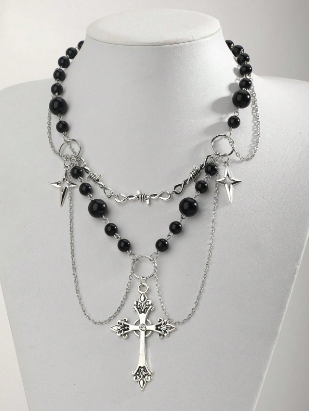Multi-rangs | Layered Gothic Pearl Cross Necklace ✨