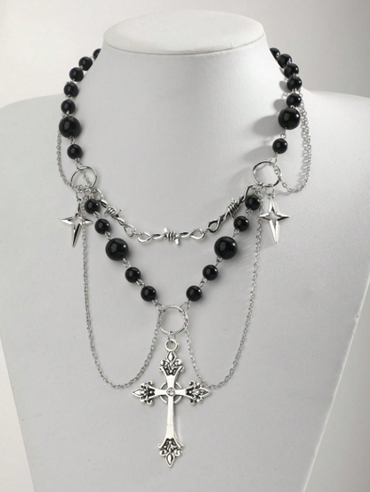 Multi-rangs | Layered Gothic Pearl Cross Necklace ✨