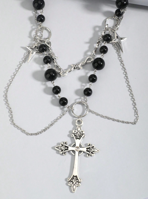 Multi-rangs | Layered Gothic Pearl Cross Necklace ✨