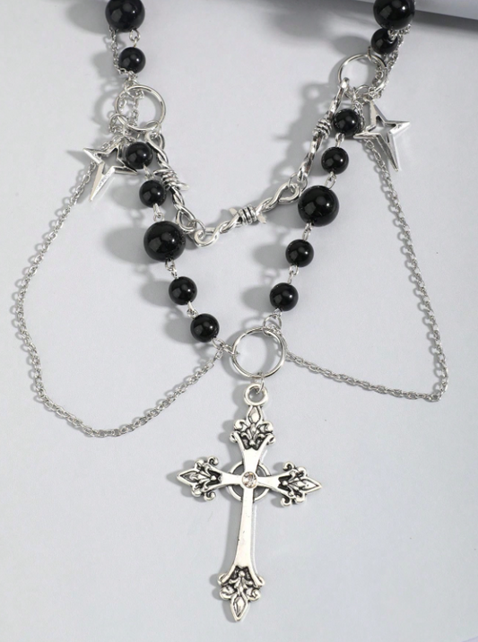 Multi-rangs | Layered Gothic Pearl Cross Necklace ✨