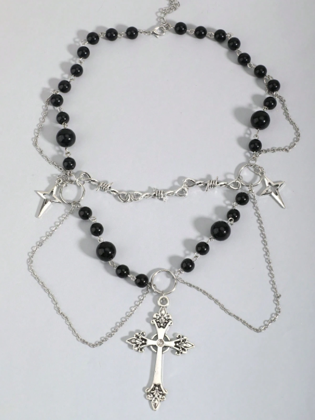 Multi-rangs | Layered Gothic Pearl Cross Necklace ✨