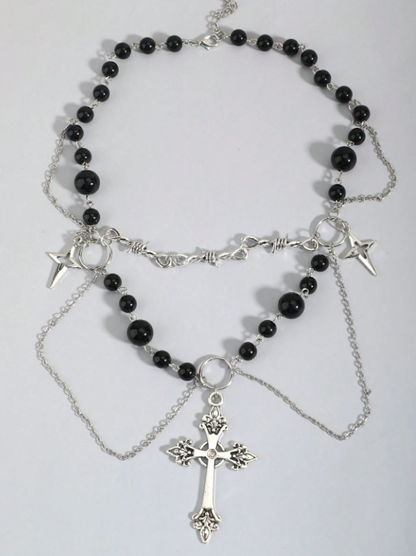 Multi-rangs | Layered Gothic Pearl Cross Necklace ✨