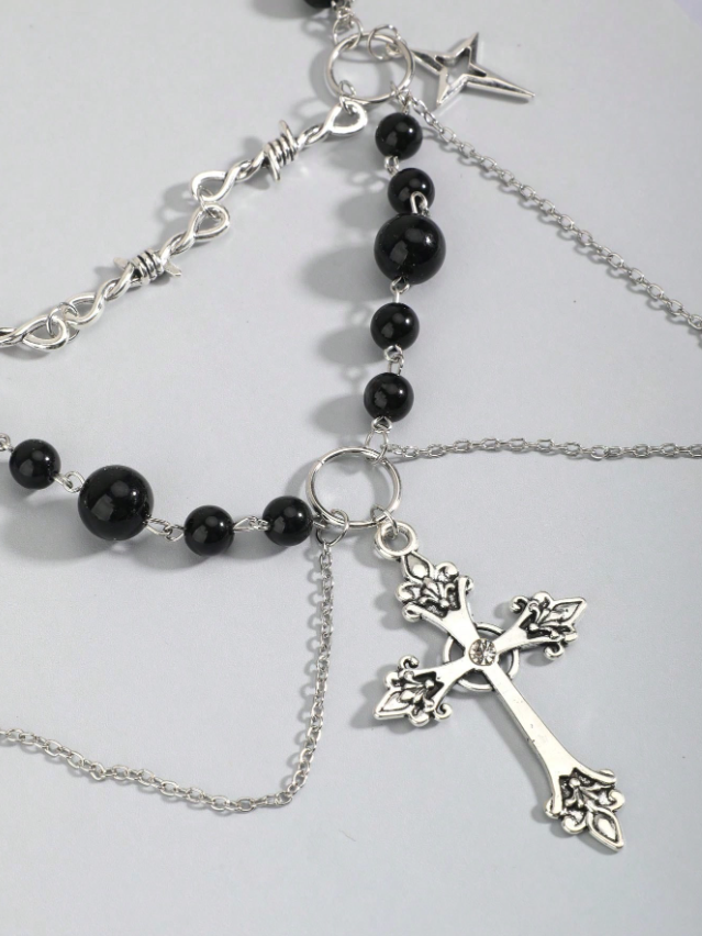 Multi-rangs | Layered Gothic Pearl Cross Necklace ✨