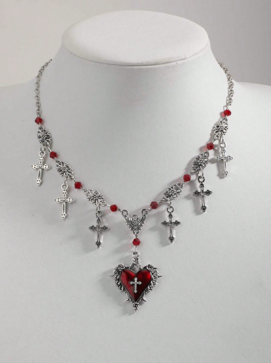 Aurora Collection : Gothic heart Cross Necklace with burgundy Beads ✝️