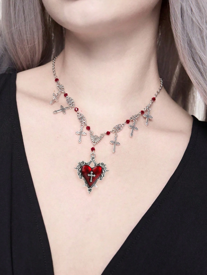 Aurora Collection : Gothic heart Cross Necklace with burgundy Beads ✝️