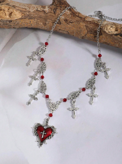 Aurora Collection : Gothic heart Cross Necklace with burgundy Beads ✝️