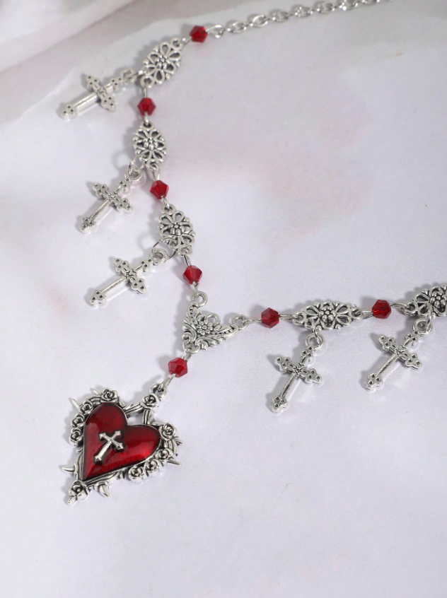 Aurora Collection : Gothic heart Cross Necklace with burgundy Beads ✝️